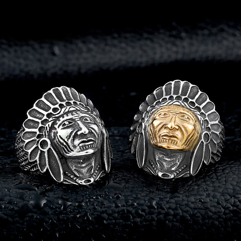 Two Indian Chief titanium steel rings showcasing detailed skull designs, a bold statement of cultural pride.