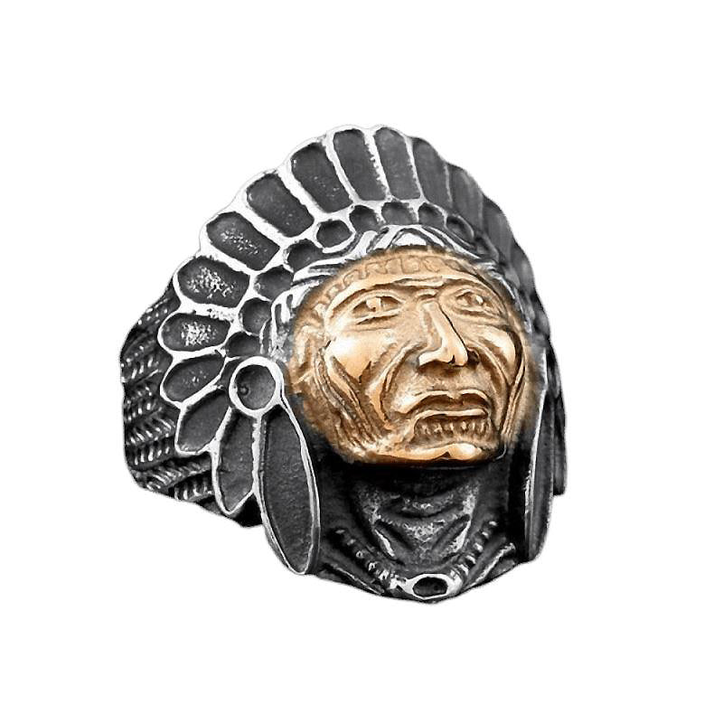Indian Chief Titanium Steel Ring depicting a skull, representing cultural heritage and style for confident wearers.