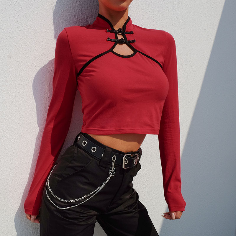 Red long sleeve crop top in Chinese style, perfect for grunge outfits with jeans or leather pants.
