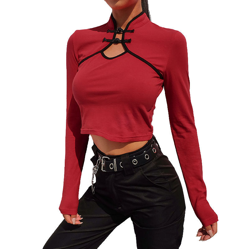 Red Long Sleeve Crop Top in Grunge Style, perfect for casual outfits and alternative fashion looks.