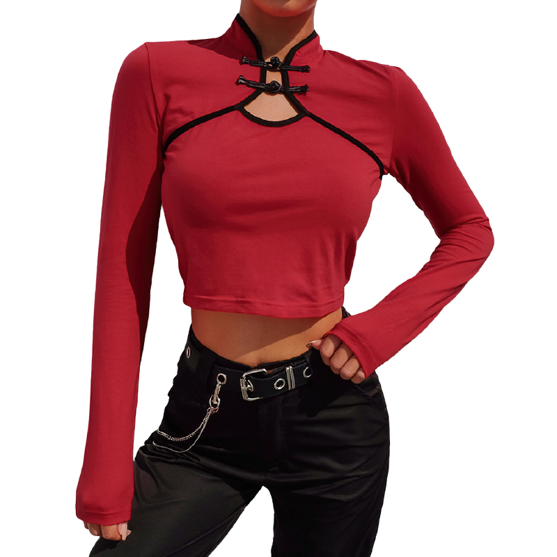 Red Chinese long sleeve crop top for women, perfect for grunge style outfits and casual events.