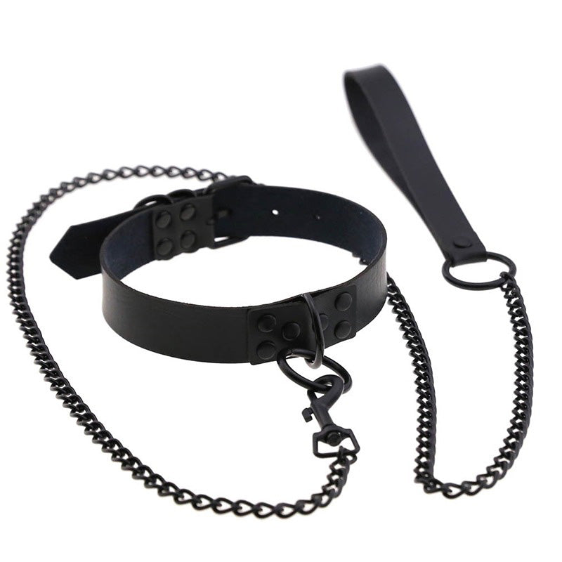Unisex gothic black leather choker collar with metal chain and leash for bondage themed styles.