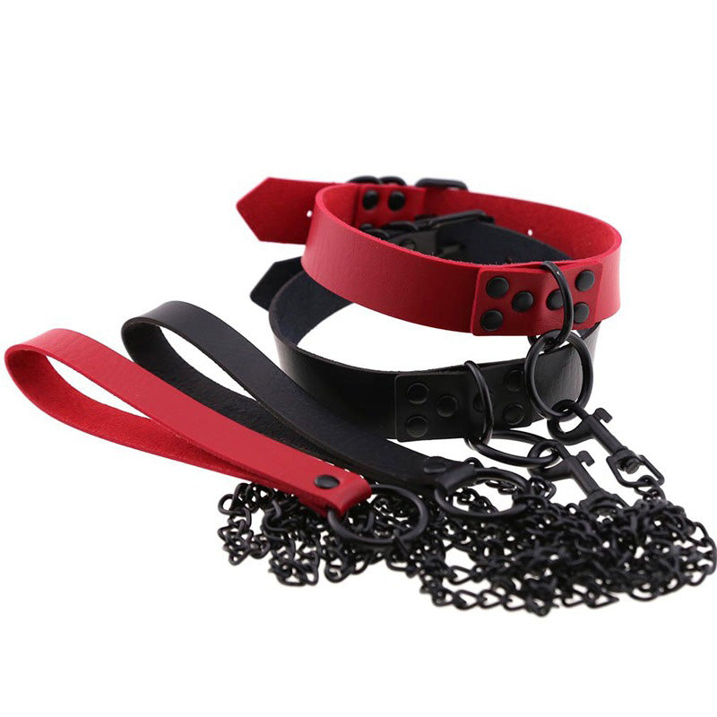 Unisex goth choker set with red and black faux leather, metal chains, perfect for themed parties and alternative fashion.