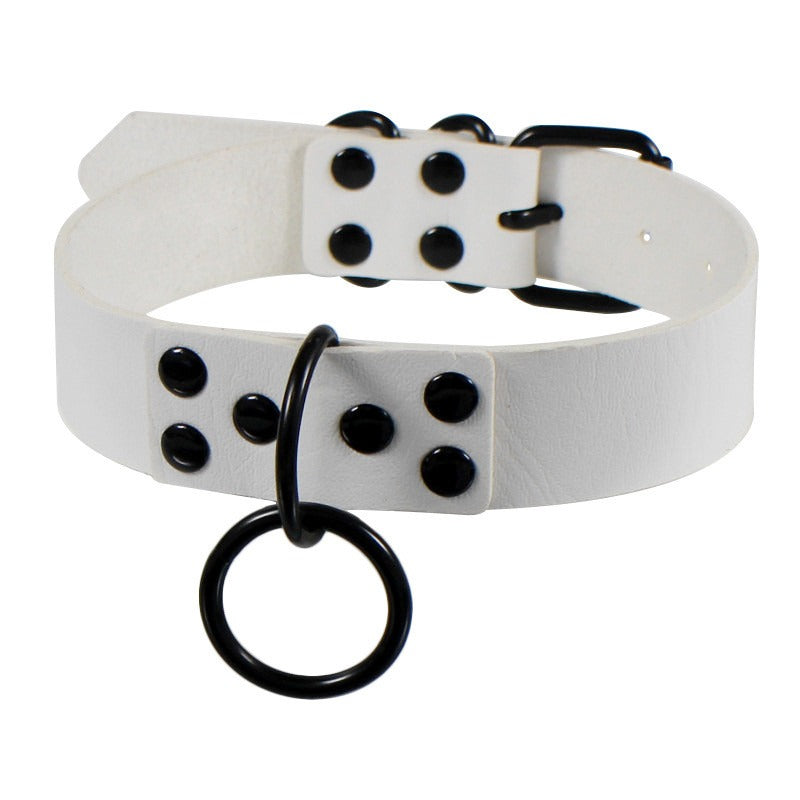 Unisex white faux leather choker with black studs and ring, perfect for goth and bondage-themed outfits.