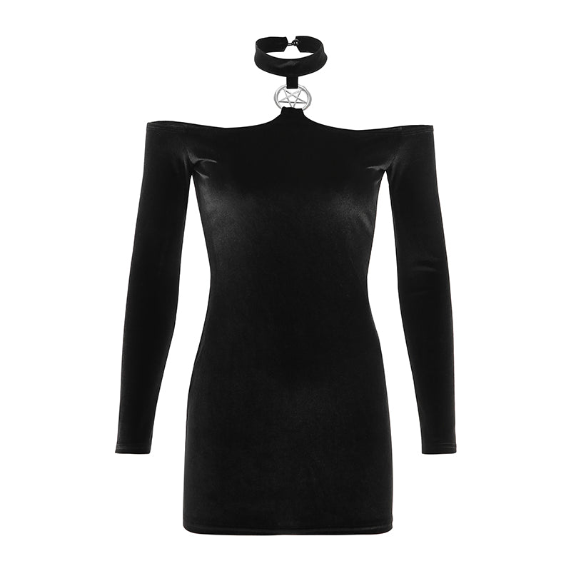 Choker Halter Black Gothic Dress / Female Off Shoulder Velvet Mini Dress in Alternative Fashion - HARD'N'HEAVY