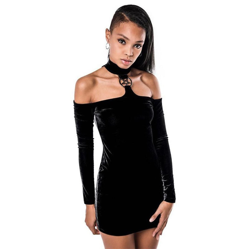 Choker Halter Black Gothic Dress / Female Off Shoulder Velvet Mini Dress in Alternative Fashion - HARD'N'HEAVY