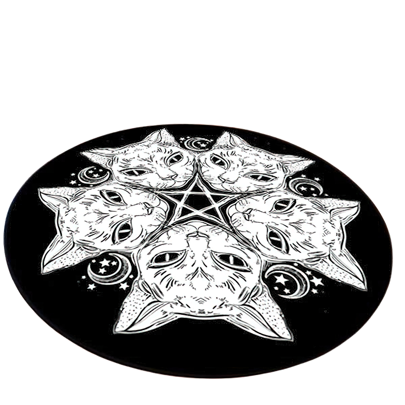 Gothic circle carpet featuring four cat faces and celestial designs, perfect for alternative home decor.