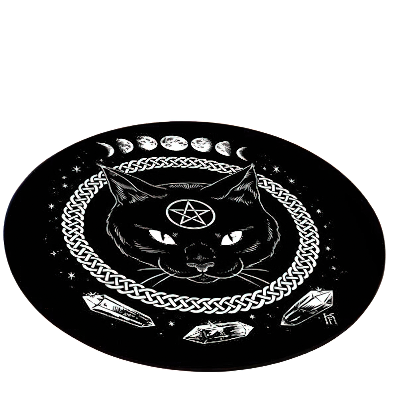 Circle carpet with gothic black cat print, celestial motifs, ideal for alternative home decor.