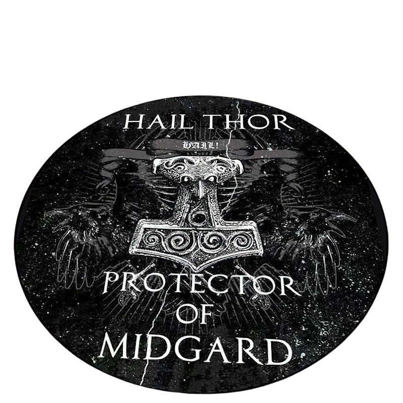 Circle carpet with gothic Thor print featuring the text 'Hail Thor, Protector of Midgard' in a stylish design.