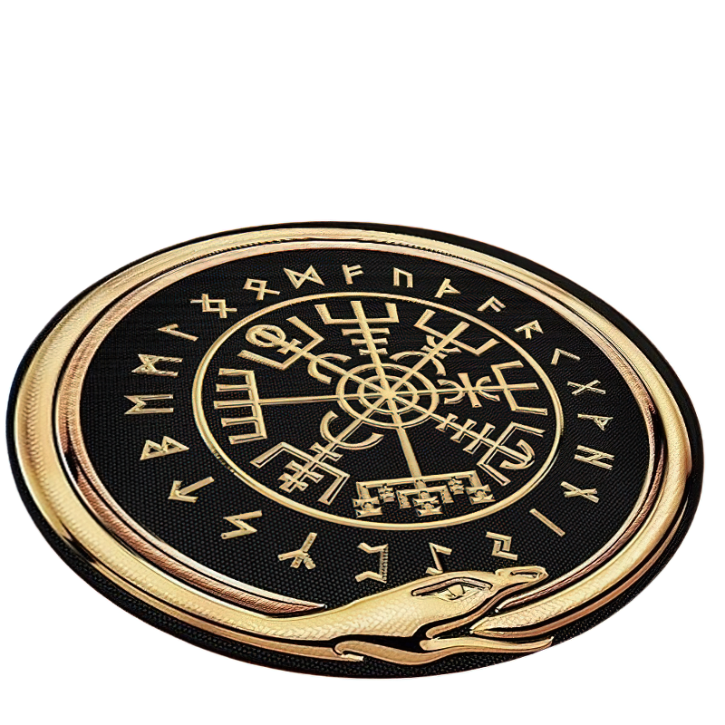 Circle carpet with gothic print and golden symbols, perfect for alternative home decor and stylish living spaces.