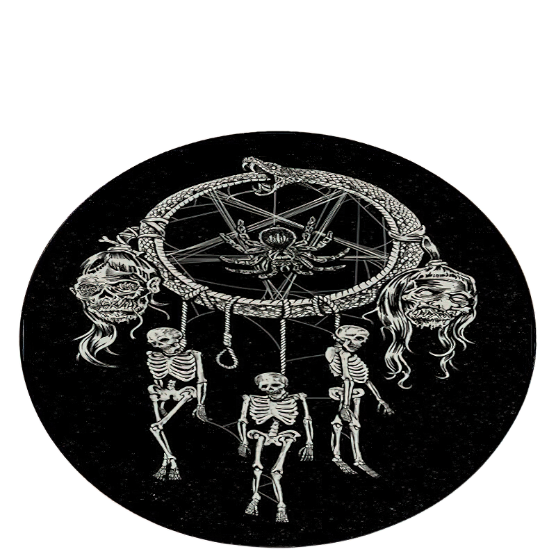 Circle carpet featuring a gothic print with skeletons and a dreamcatcher design, perfect for alternative home decor.