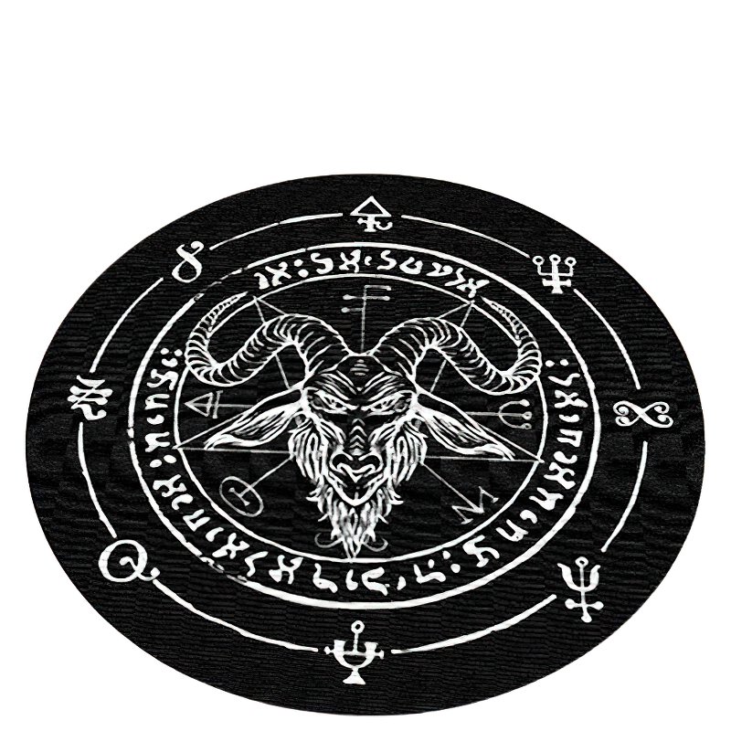 Gothic print circle carpet featuring a detailed goat's head design on a black background, perfect for alternative home decor.
