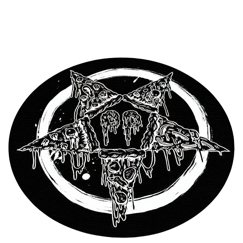 Circle carpet featuring gothic print of skulls and pizza, perfect for alternative home decor.