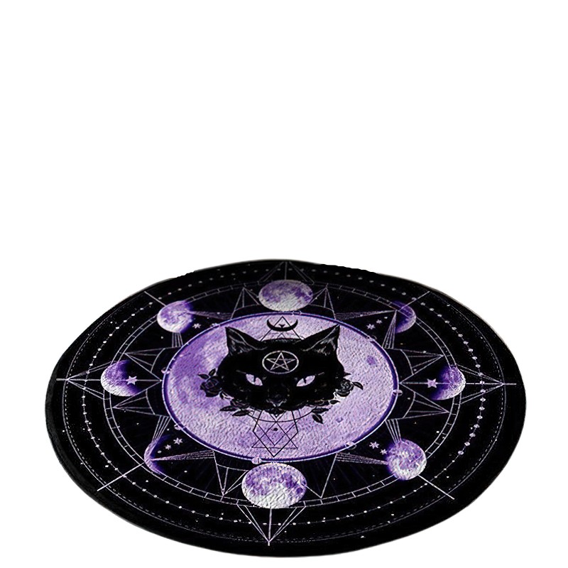 Circle rug with gothic cat print and purple moon design, perfect for alternative home decoration.