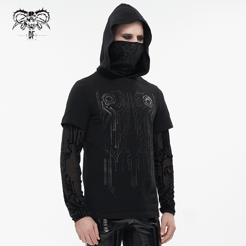 Circuit Diagram Print Black Sweatshirt with Hood and Mask for Men / Cyberpunk Style Apparel