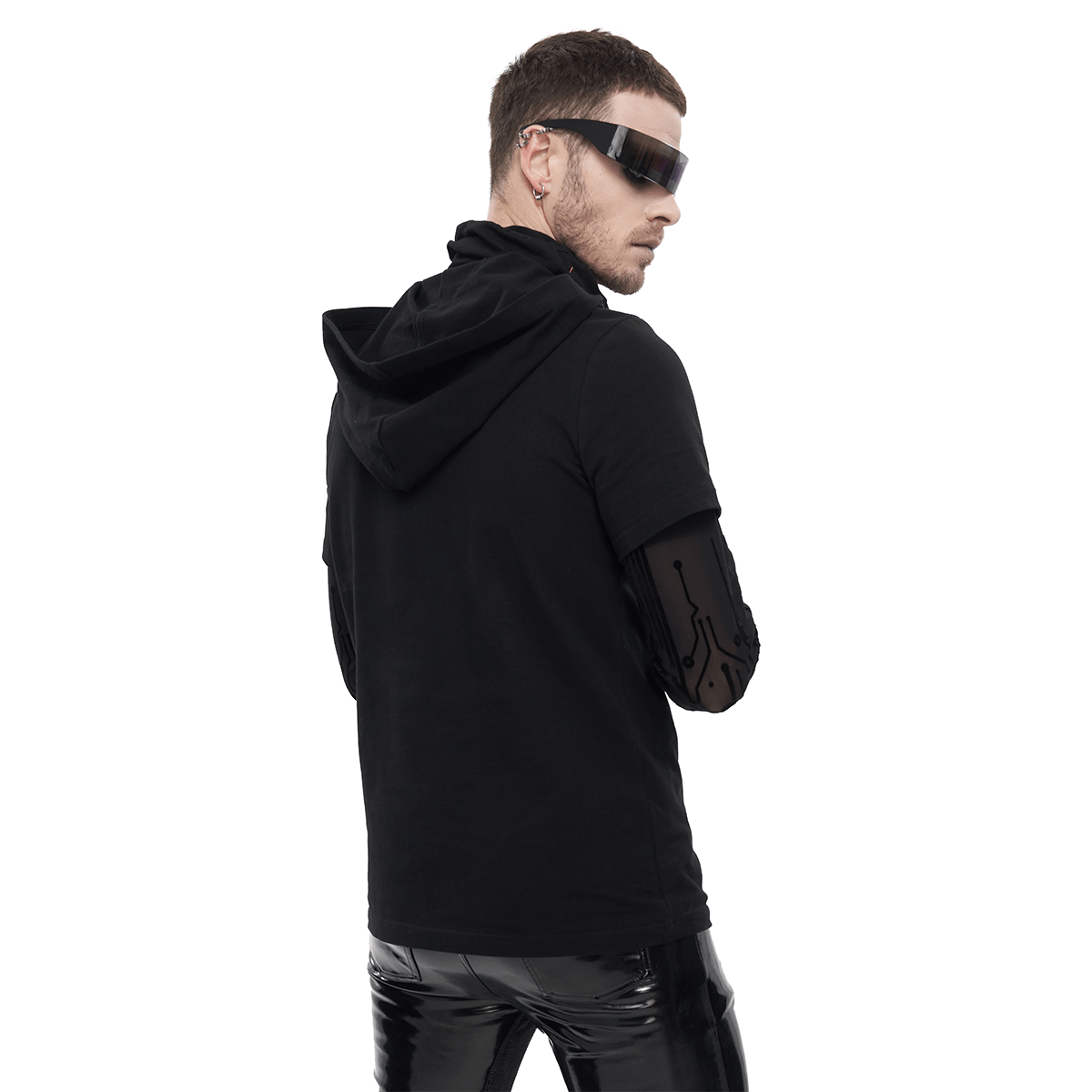 Circuit Diagram Print Black Sweatshirt with Hood and Mask for Men / Cyberpunk Style Apparel