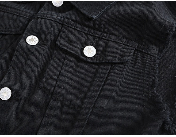 Classic Black Jeans Vest for Men in Rock Style / Slim Fringe Denim Waistcoat Sleeveless Top - HARD'N'HEAVY