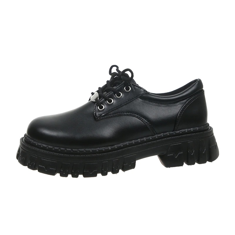 Classic Black Platform Oxford Boots / PU Leather Shoes with Square Heels and Round Toe - HARD'N'HEAVY