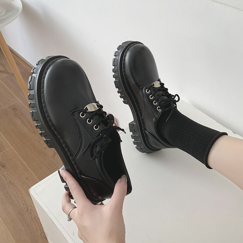 Classic Black Platform Oxford Boots / PU Leather Shoes with Square Heels and Round Toe - HARD'N'HEAVY