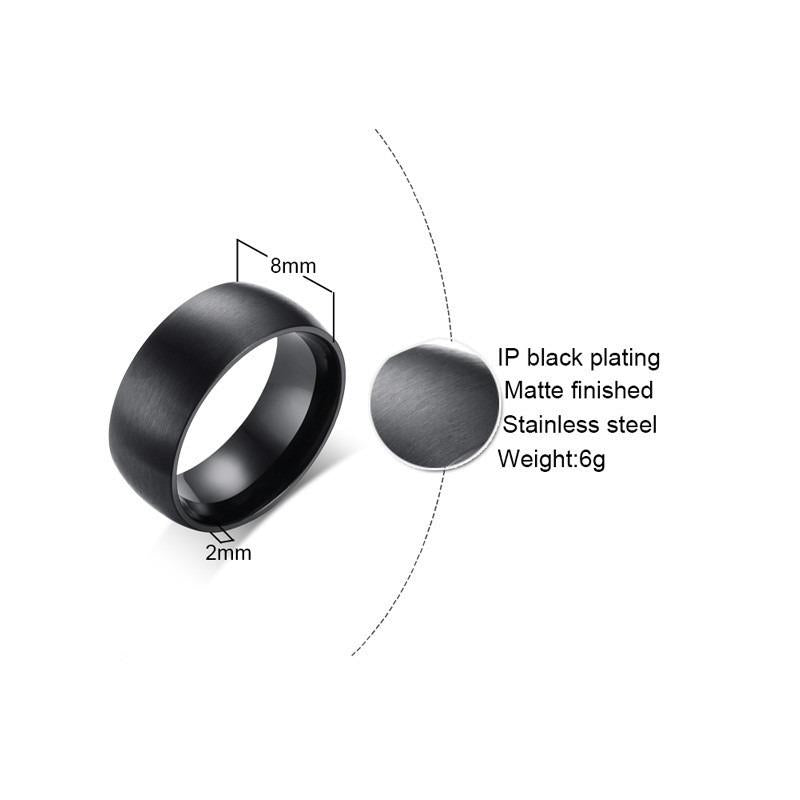Matte finish 8mm classic black stainless steel ring with IP black plating, perfect for engagement or casual wear.