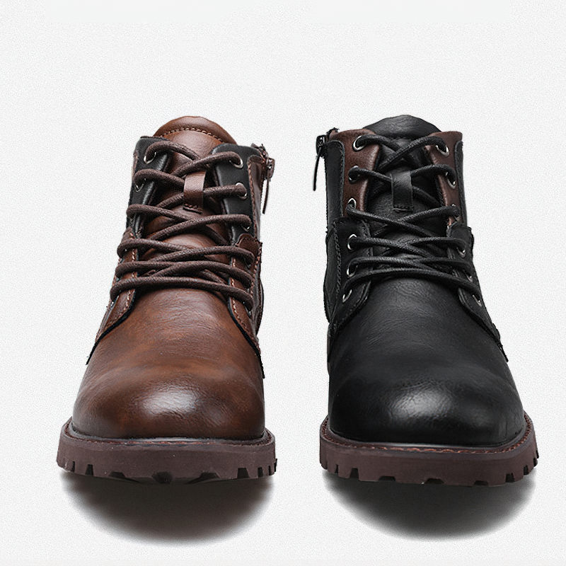 Classic men's ankle boots in brown and black leather, stylish and waterproof lace-up design for casual wear.