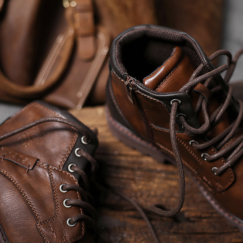 Classic brown ankle boots for men, handmade with genuine leather and lace-up design, perfect for casual wear.