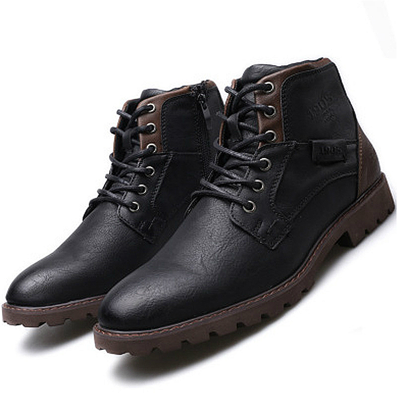 Men's classic black ankle boots in rock style, made of genuine leather with lace-up design and durable sole.