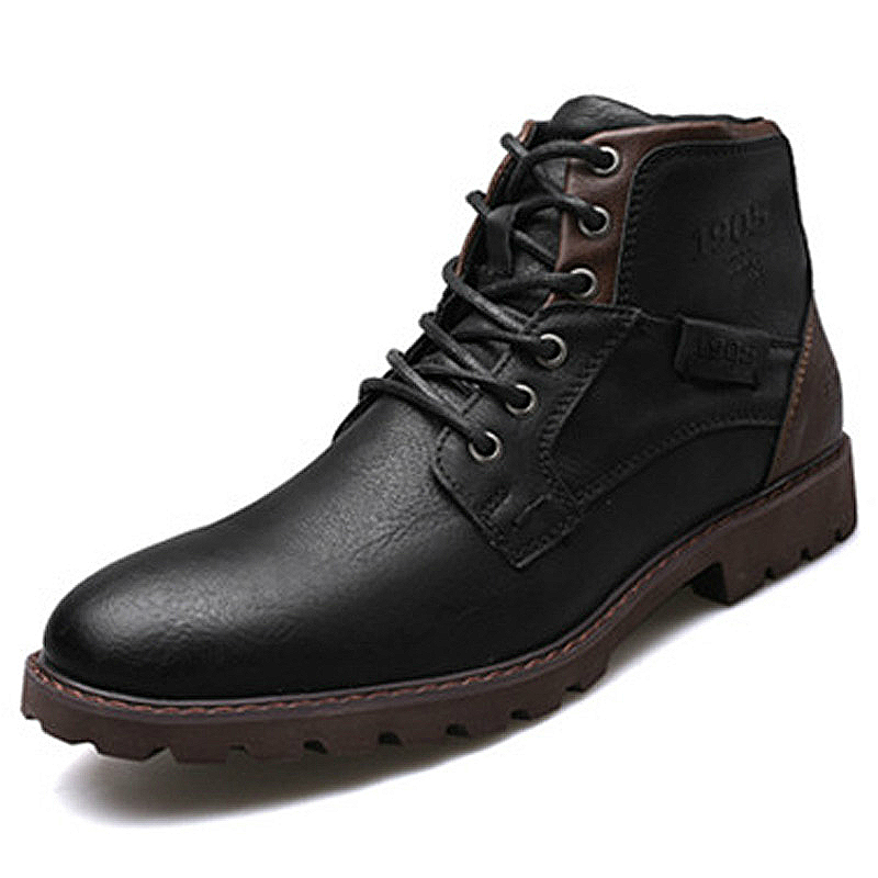 Stylish men's black ankle boots in genuine leather, perfect for casual wear and waterproof, lace-up design.