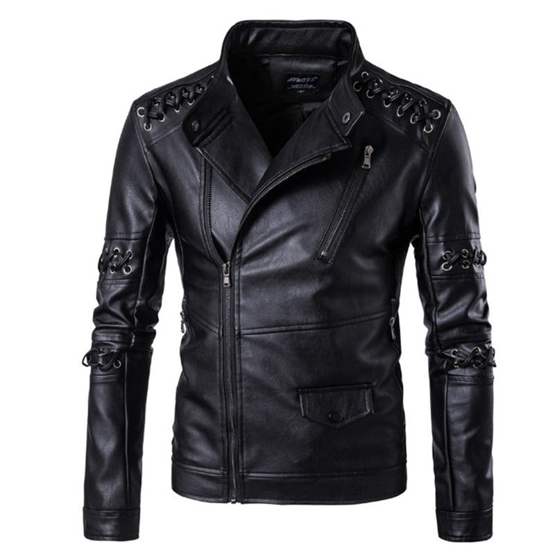 Classic Braided Rope Biker Leather Jacket / Rave Outfits - HARD'N'HEAVY