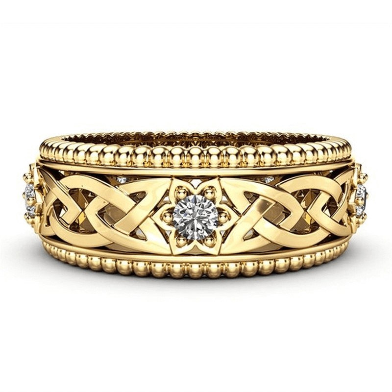 Classic Celtic Knot Zircon Flower Ring in gold, elegant unisex vintage jewelry for stylish outfits.