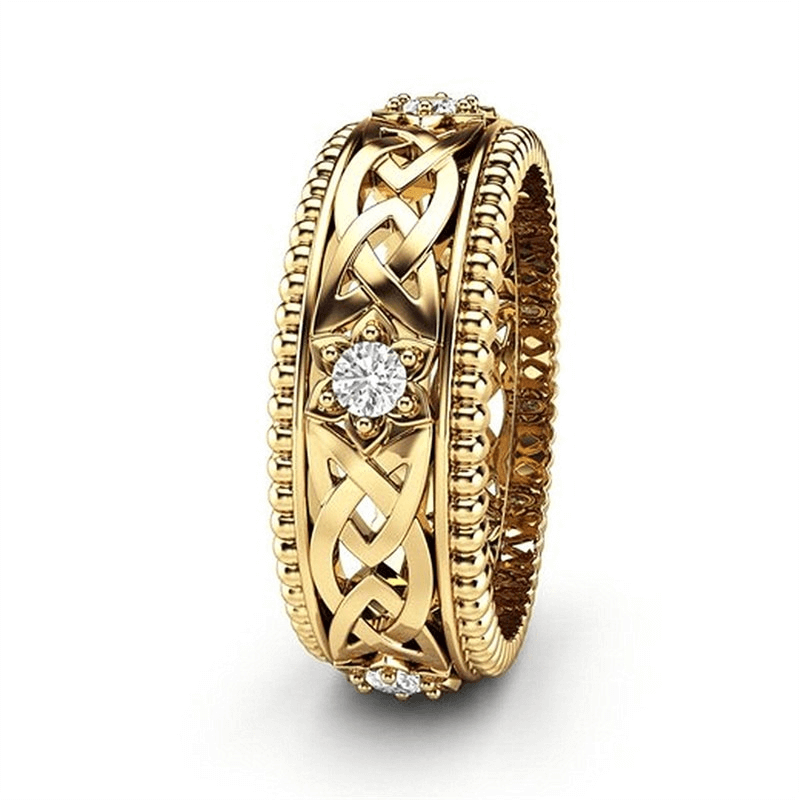 Classic Celtic knot zircon flower ring in gold, elegant vintage unisex jewelry for all occasions.