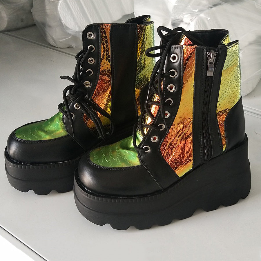 Colorful women's platform ankle boots with lace-up and zigzag design, perfect for trendy rave outfits this Spring or Autumn.