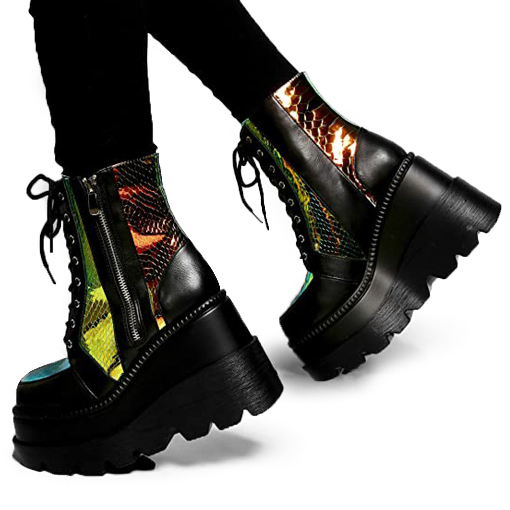 Colorful women's platform ankle boots with lace-up design and chunky heels, perfect for trendy outfits.