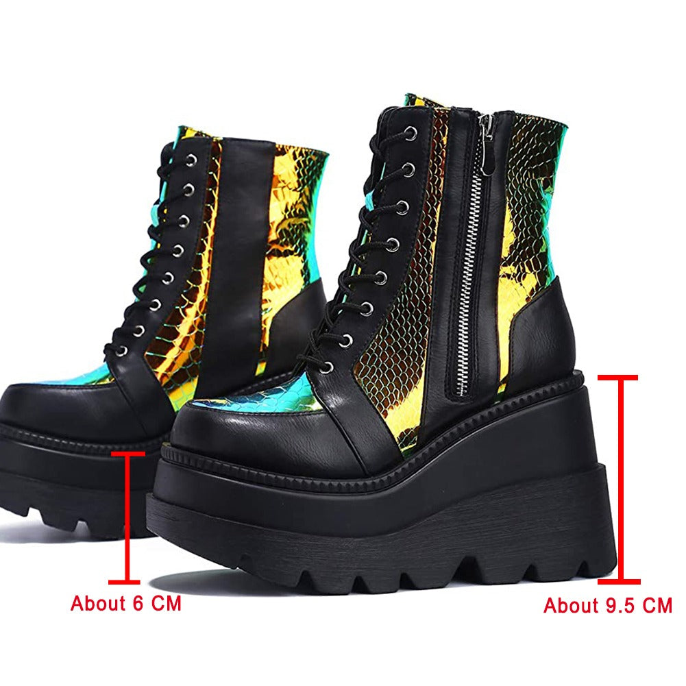 Colorful women's platform ankle boots with lace-up design, featuring a vibrant metallic finish and thick wedge sole.