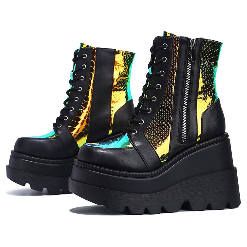 Colorful platform ankle boots with lace-up design and shiny accents, perfect for fashionable spring and autumn outfits.