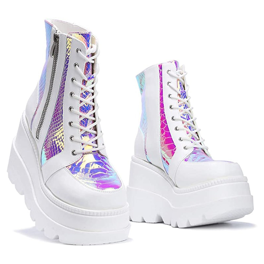 Colorful women's platform ankle boots with holographic design and lace-up detail, ideal for trendy spring or autumn outfits.