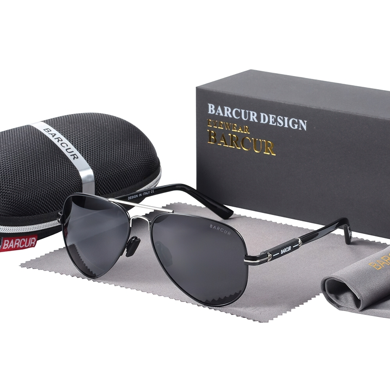 Classic men's polarized sunglasses by Barcur, featuring a sleek black design and stylish case.