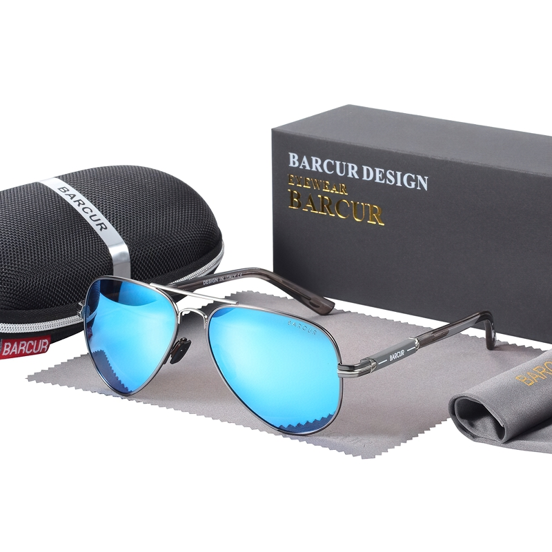 Men's classic polarized sunglasses with blue lenses, stylish accessory in case and pouch for casual wear.