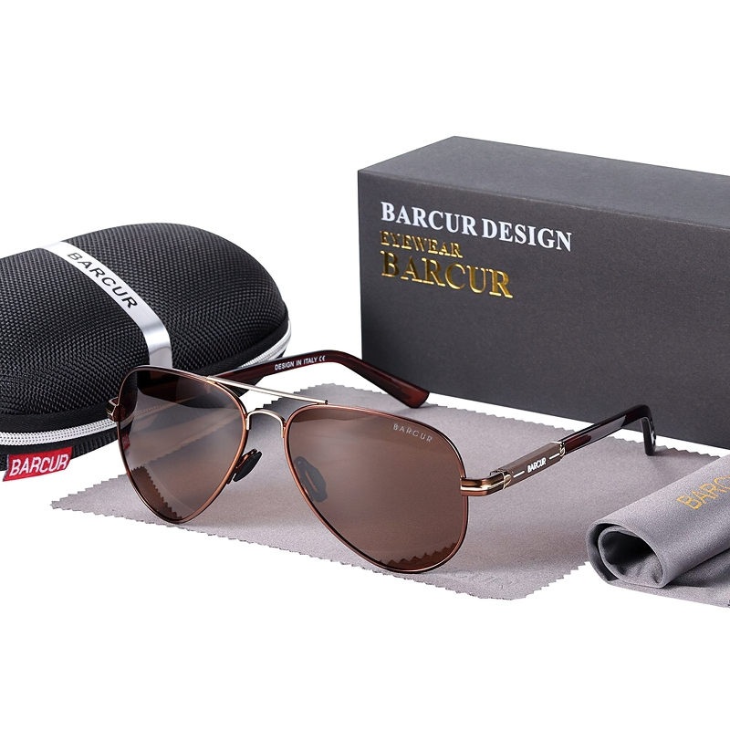 Men's classic polarized sunglasses in a stylish brown design, complete with case and cleaning cloth.
