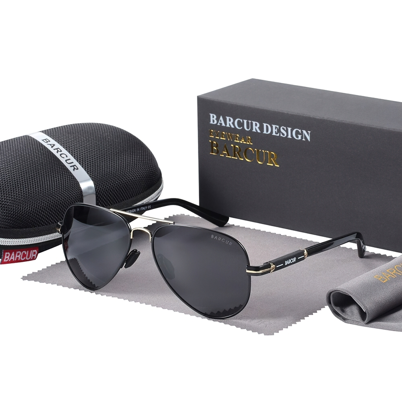 Men's classic polarized sunglasses by Barcur, stylish casual accessory in sleek black with protective case.