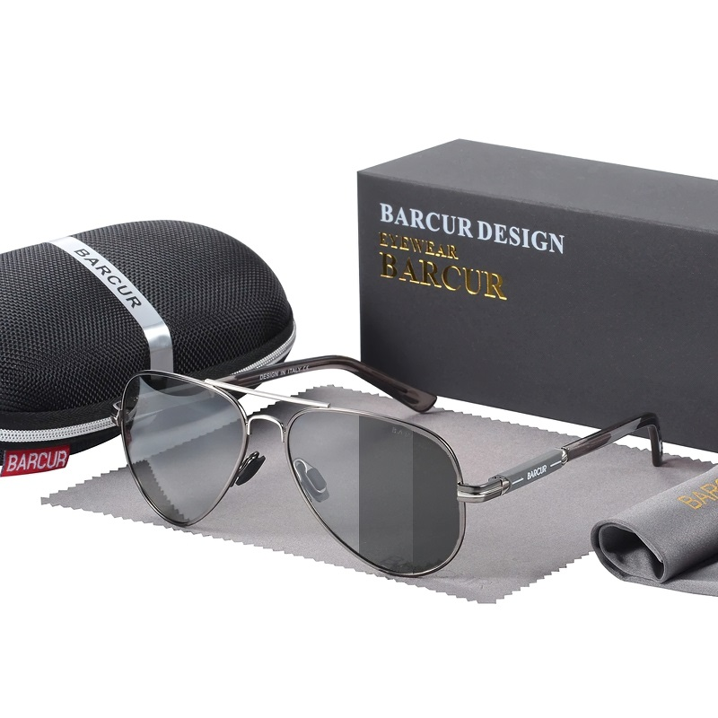 Classic men's polarized sunglasses by Barcur with stylish carrying case and cleaning cloth.