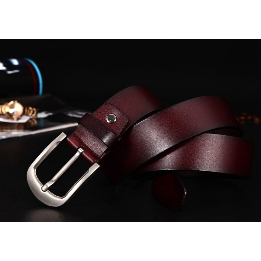 Classic genuine leather belt for men in dark brown with a sleek metal buckle, perfect for casual and stylish outfits.