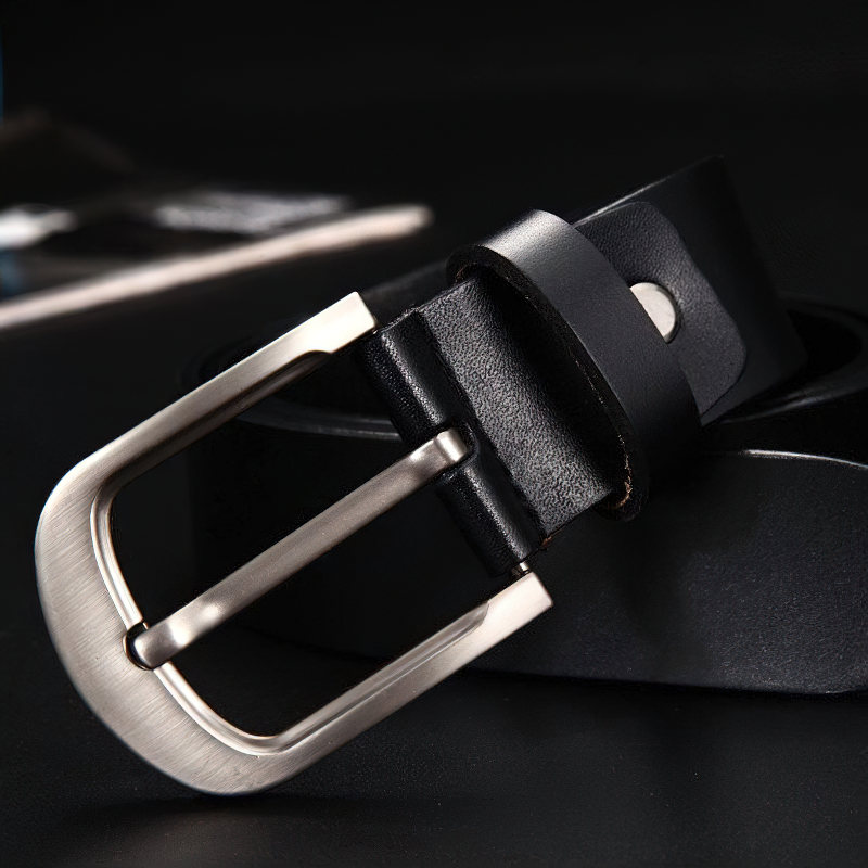 Classic genuine leather belt for men with sleek metal buckle, perfect for denim and stylish outfits.