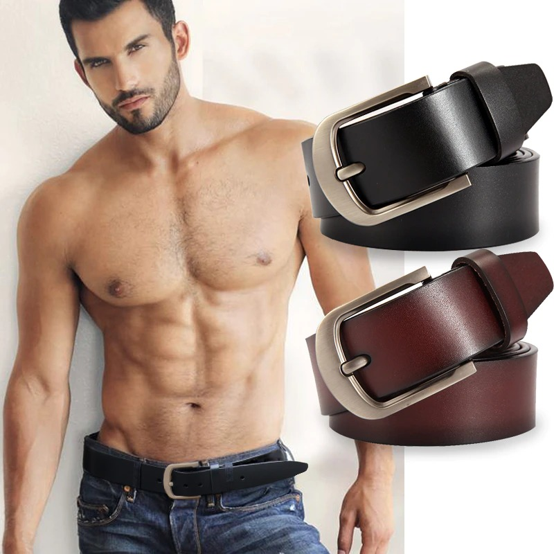 Stylish man showcasing a classic genuine leather belt with metal buckle in black and brown, perfect for casual outfits.