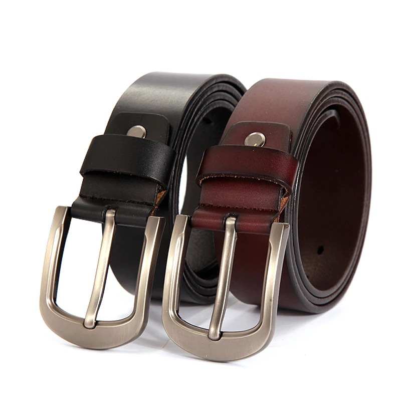 Classic genuine leather belts for men in black and brown with stylish metal buckles, perfect for casual outfits.