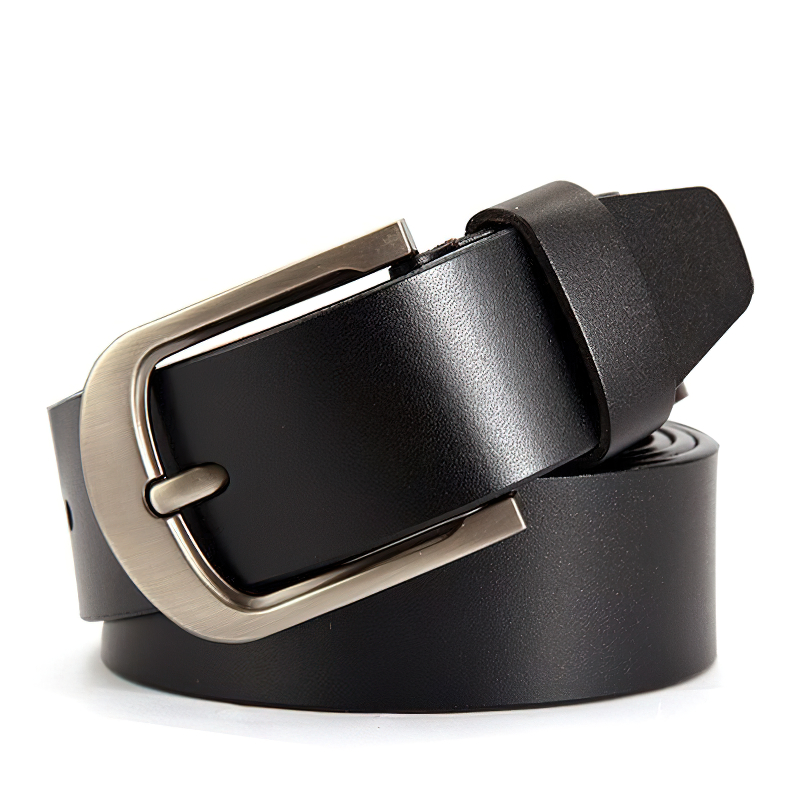 Classic genuine leather belt for men with a stylish metal buckle, perfect for casual outfits and denim jeans.