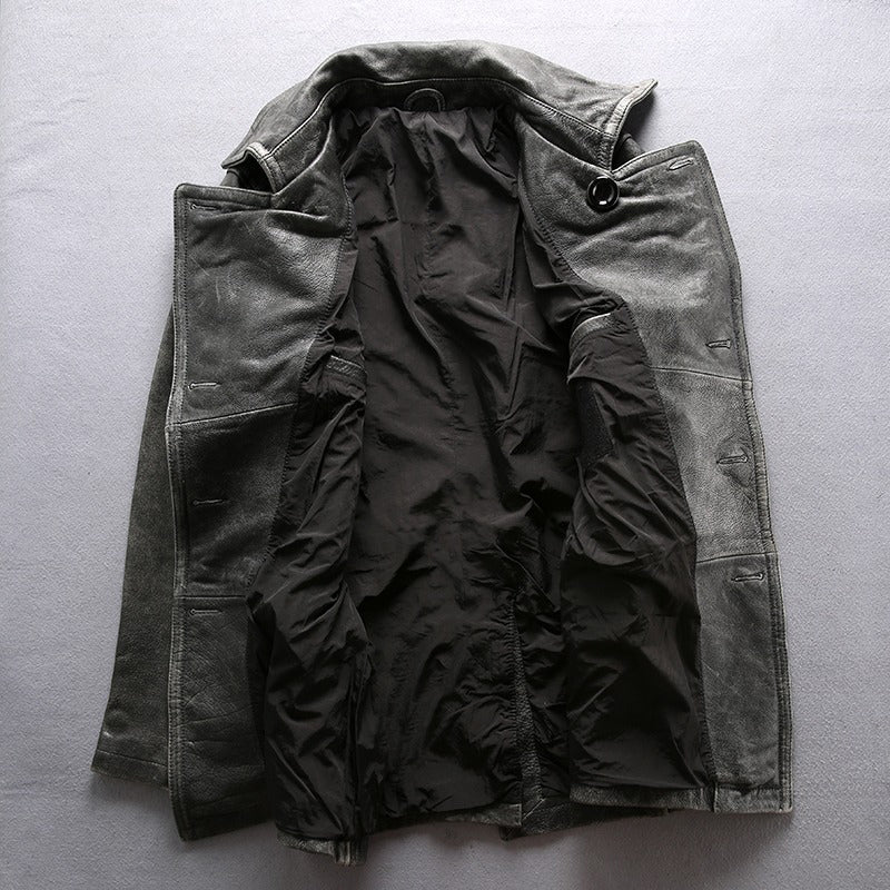 Classic Genuine Leather Long Winter Jacket / Men's Cowhide Double Breasted Pea Coat - HARD'N'HEAVY