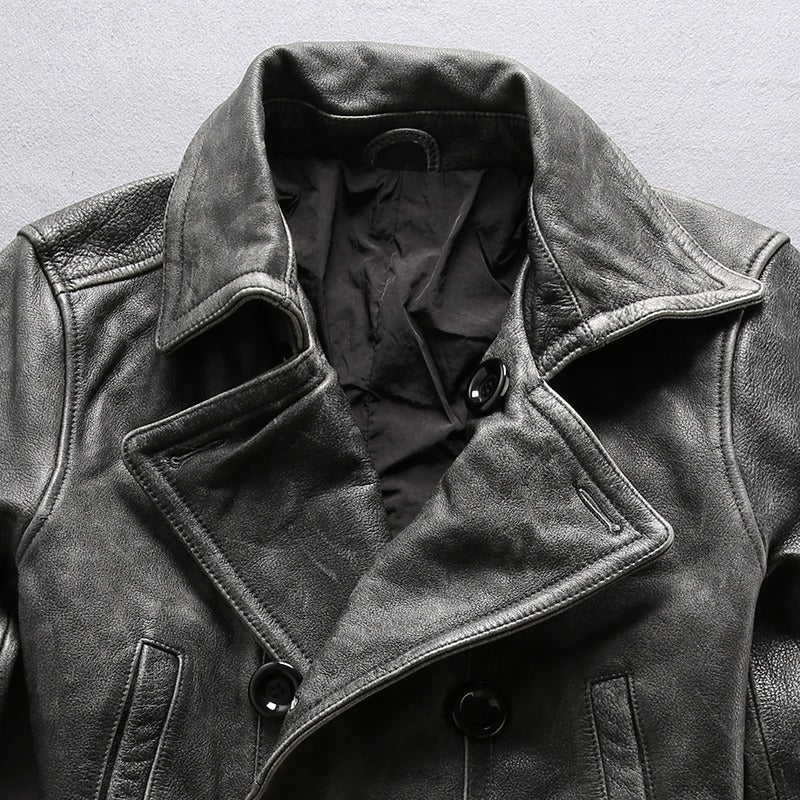 Classic Genuine Leather Long Winter Jacket / Men's Cowhide Double Breasted Pea Coat - HARD'N'HEAVY