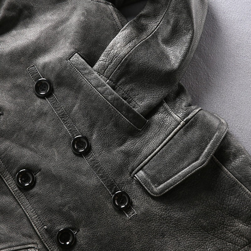 Classic Genuine Leather Long Winter Jacket / Men's Cowhide Double Breasted Pea Coat - HARD'N'HEAVY