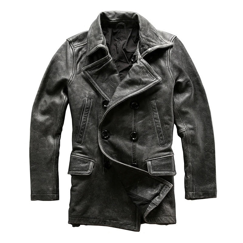 Classic Genuine Leather Long Winter Jacket / Men's Cowhide Double Breasted Pea Coat - HARD'N'HEAVY